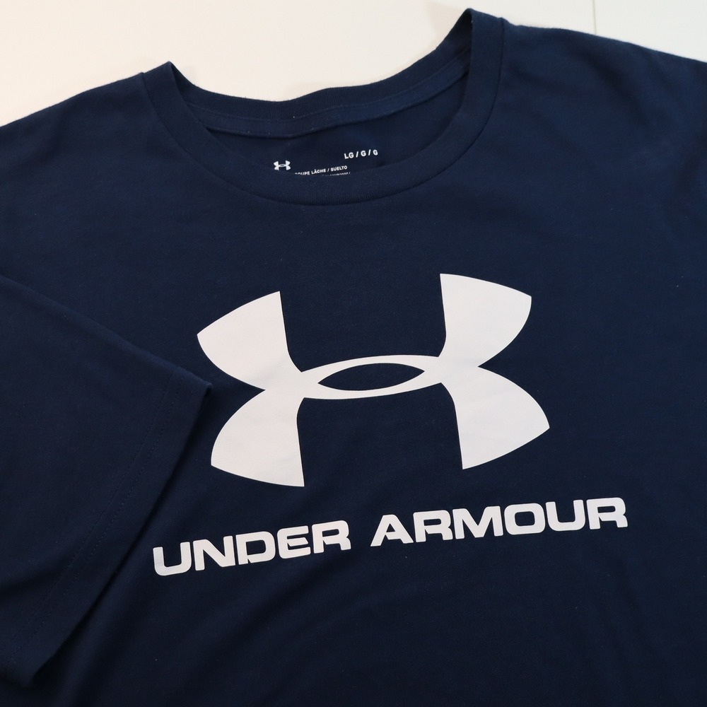 Under Armour T-Shirt Mens Large Navy Blue HeatGear Graphic Logo Loose Fit